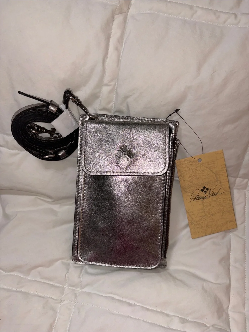 Nwt Patricia Nash metallic silver Chiavella Phone wallet Crossbody bag